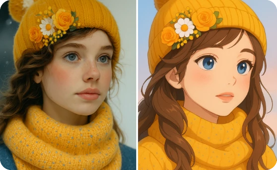 turn a portrait of a female in yellow clothes into a cartoon photo