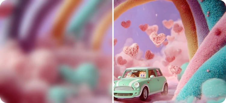 enhance the image quality of a cartoon with a colorful background and a blue car